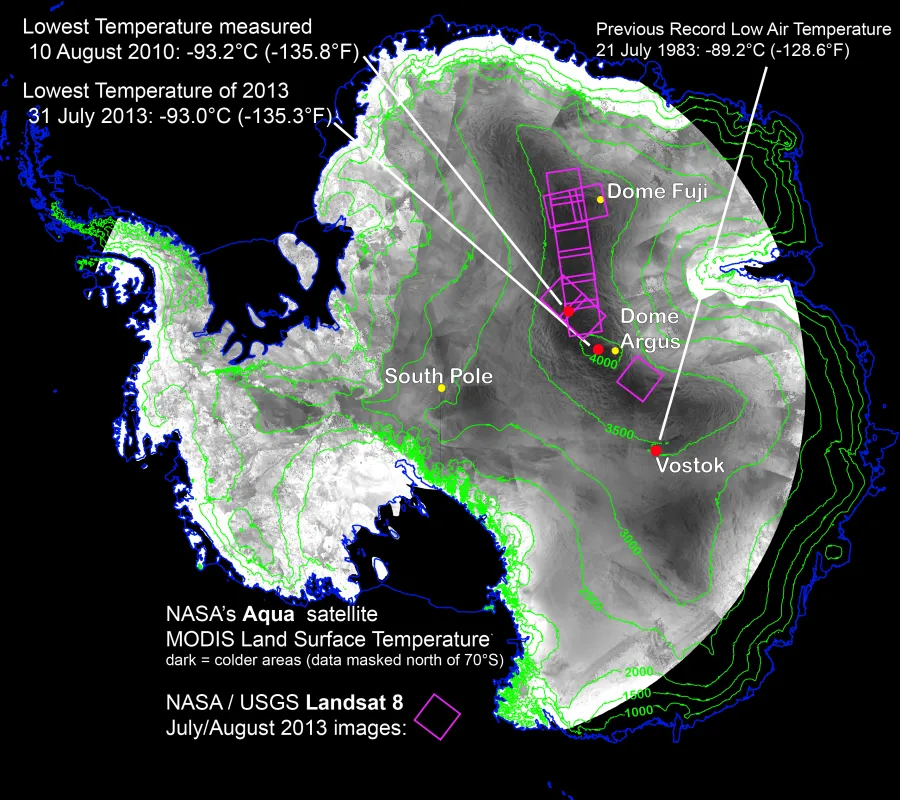 This image shows the location of record low temperature measurements for Antarctica. The red dots show where the record satellite-measured surface temperatures and the earlier record low air temperature occurred. Shades of gray are a compilation of the lowest MODIS-sensor land surface temperature readings made by NASA's Aqua satellite during 2003-2013, with darker grays representing the coldest areas. Landsat 8 thermal images acquired in July and August of 2013 provided more detail on the coldest areas (pur