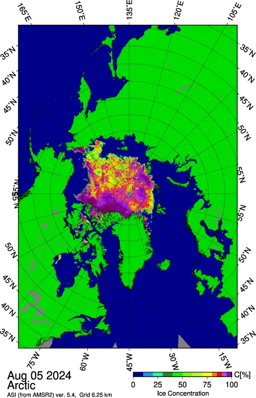 Figure 1c. This image from the Japan Aerospace Exploration Agency (JAXA) Advanced Microwave Scanning Radiometer 2 (AMSR2) shows sea ice concentration in the Arctic Ocean on August 5, 2024, highlighting areas of low concentration ice stretching north from the Beaufort and East Siberian Seas, and north of Greenland.