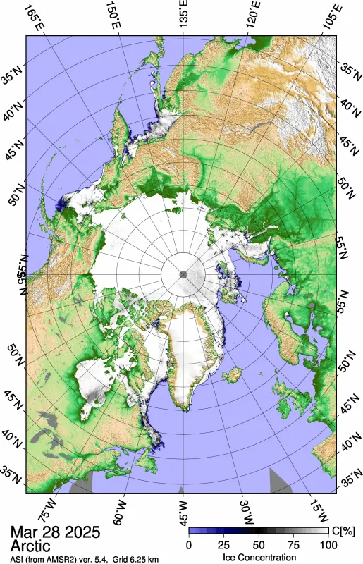 Figure 4a. This NASA Advanced Microwave Scanning Radiometer 2 (AMSR2) image, taken on March 28, 2025, shows sea ice retreat in the Sea of Okhotsk and the Barents Sea and open water forming north of Franz Josef Land. 
