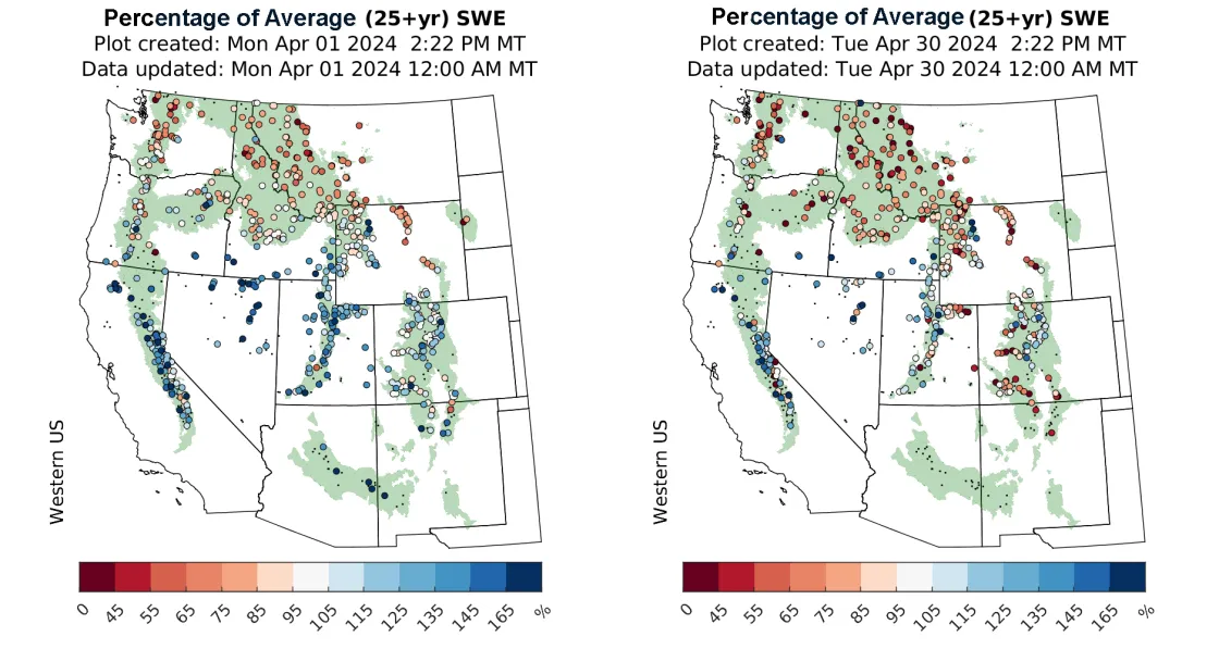 snow water equivalent (SWE) at monitoring sites at the start (left) and end of (right) of April 2024