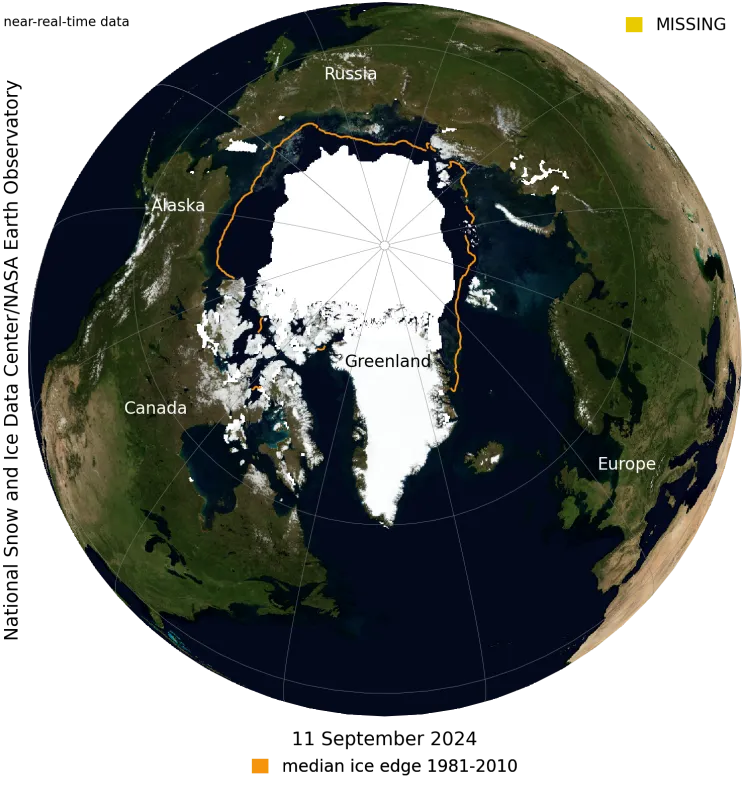 This NASA Blue Marble image shows Arctic sea ice on September 11, 2024, when sea ice reached its minimum extent for the year. Sea ice extent for September 11 averaged 4.28 million square kilometers (1.65 million square miles)—ranked seventh lowest in the satellite record. 