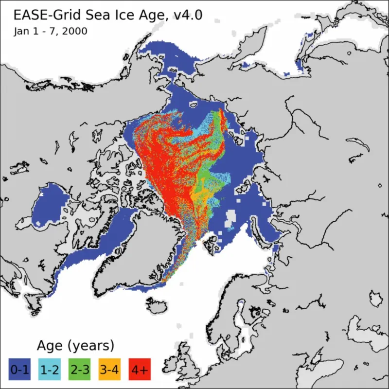 Sea ice age map of Arctic, from January 2000