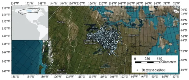 This map shows the range of female Bathurst caribou from 2007 to 2016,.