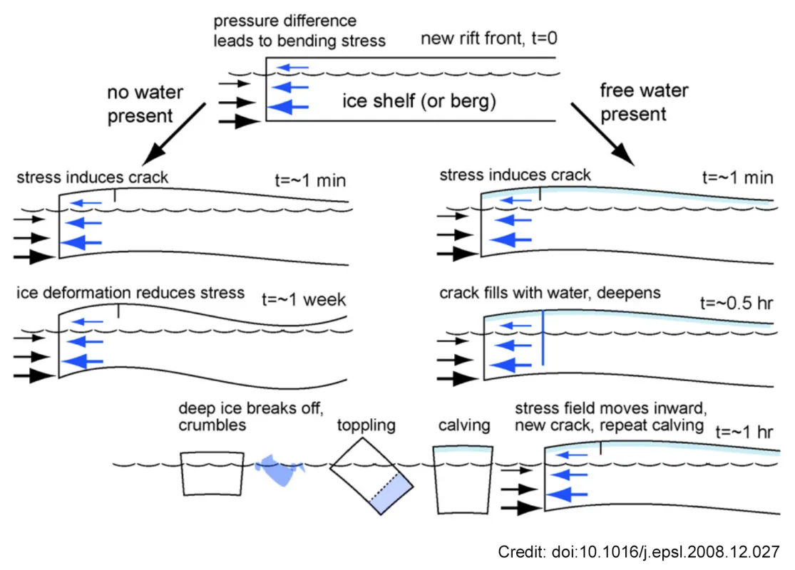 Water v. no water ice shelf shematic