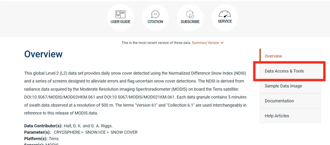 Data access and tools on data set landing page
