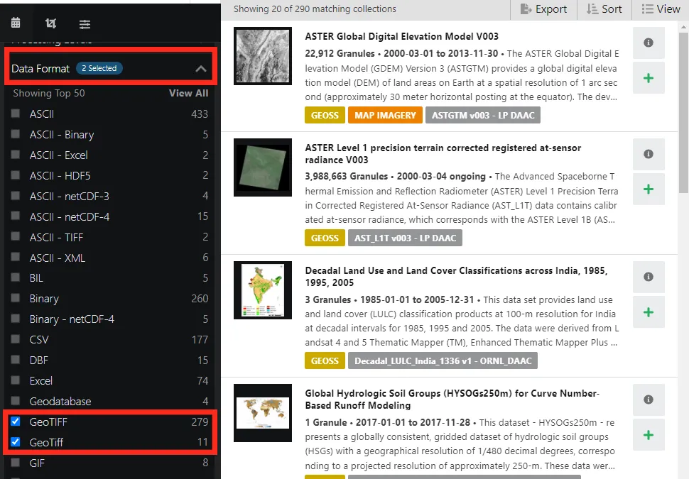 GIS filters in Earthdata search