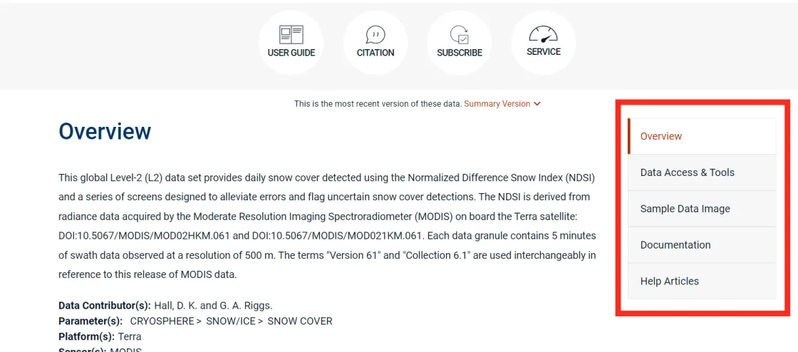 Sidebar menu on data set landing page