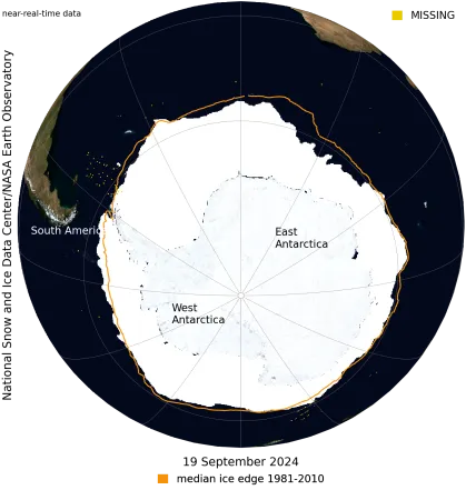 This NASA Blue Marble image shows Antarctic sea ice on September 19, 2024, when sea ice reached its maximum extent for the year. Sea ice extent for September 19 averaged 17.16 million square kilometers (6.63 million square miles), the second lowest in the satellite record. 