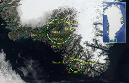 Map of South Greenland where sheep herding is prominent 