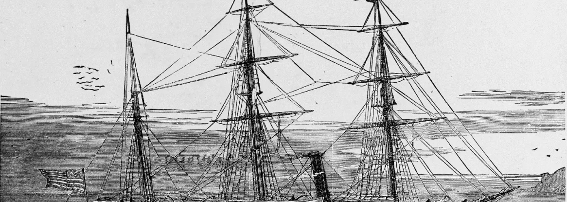 This image of a wooden engraving depicts the USS Jeannette as it leaves San Francisco in 1879, en route to the North Pole. Credit: US Naval History and Heritage Command Photograph