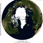 This NASA Blue Marble image shows Arctic sea ice on September 11, 2024, when sea ice reached its minimum extent for the year. Sea ice extent for September 11 averaged 4.28 million square kilometers (1.65 million square miles)—ranked seventh lowest in the satellite record. 